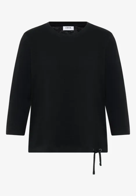 Schwarzes Damen-Shirt mit 3/4-Ärmeln und Kordelzug am Saum.